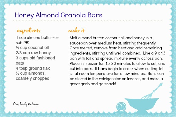 Honey Almond Granola Bars Recipe Card - ourdailybalance.wordpress.com